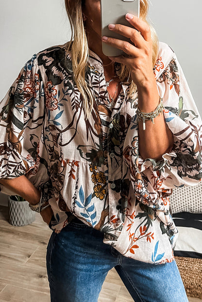 White floral print balloon sleeves button-up loose casual shirt