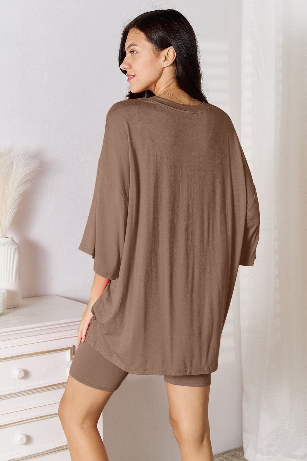 Basic Bae Full Size Soft Rayon Three-Quarter Sleeve Top and Shorts Set.