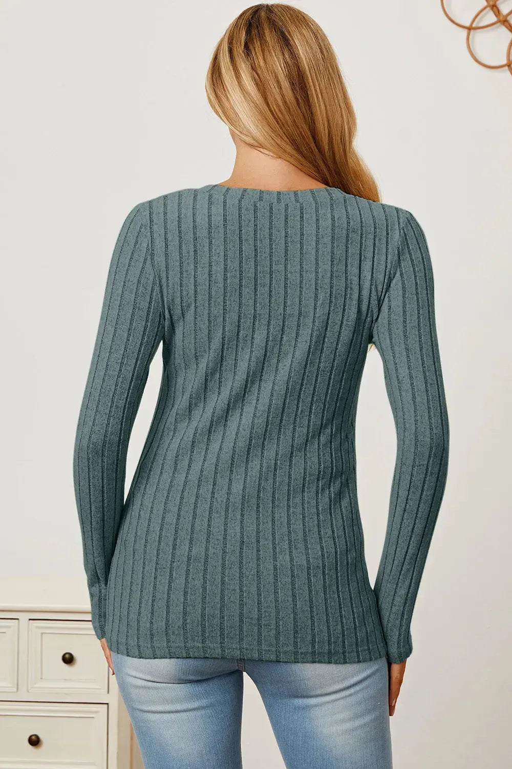 Basic Bae Full Size Ribbed V-Neck Long Sleeve T-Shirt - Love Salve