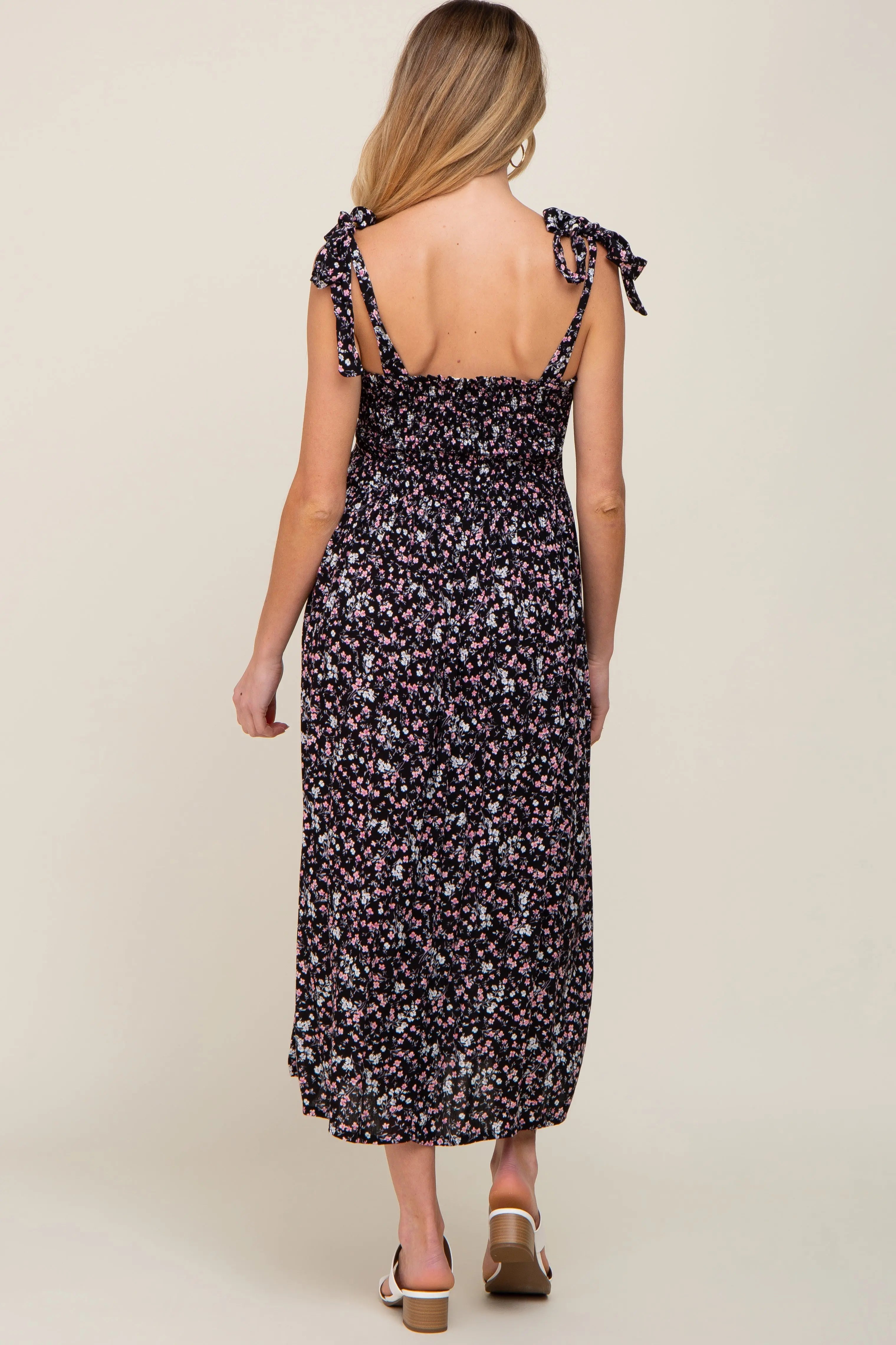 Black Micro Floral Smocked Maternity Dress PinkBlush