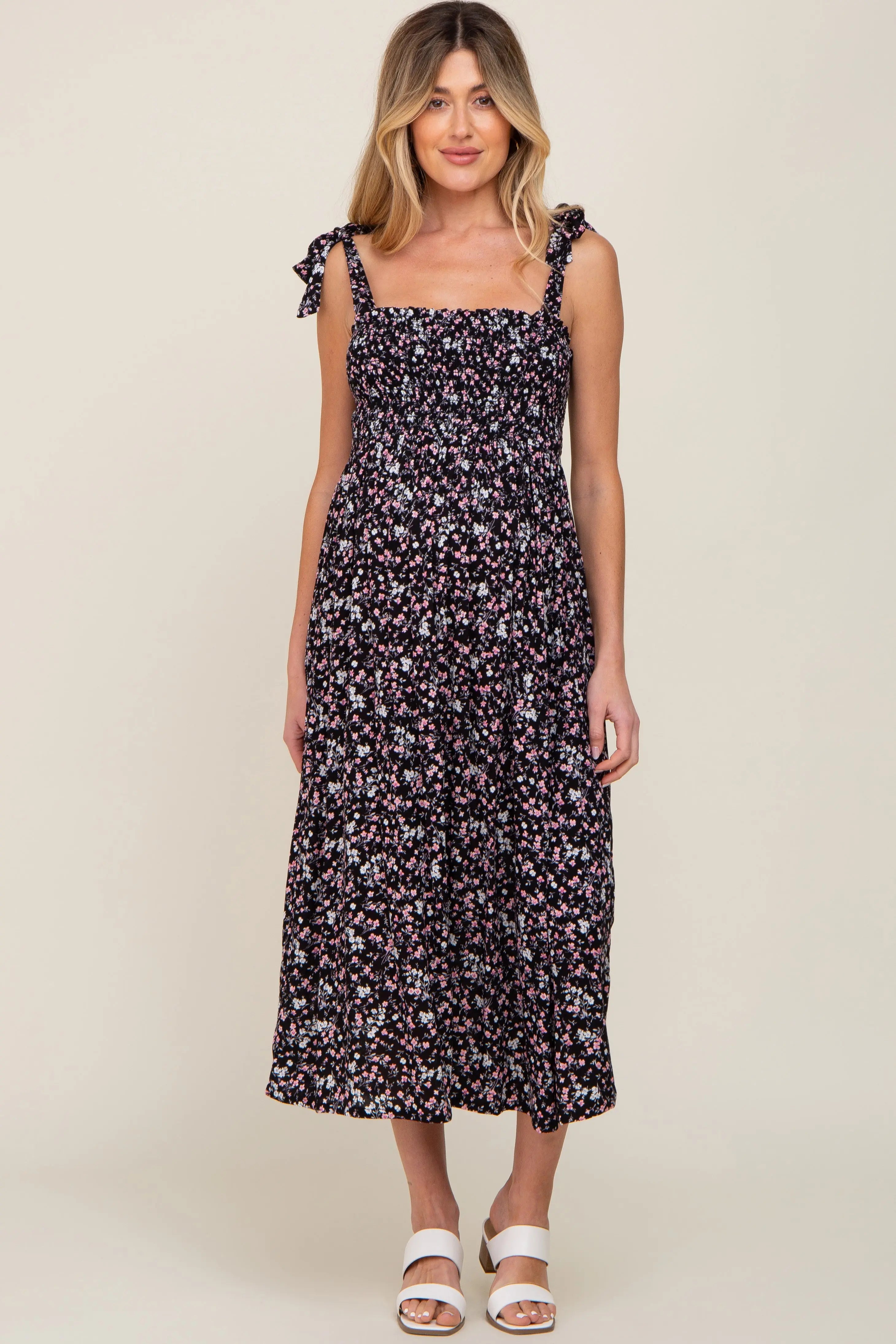 Black Micro Floral Smocked Maternity Dress PinkBlush