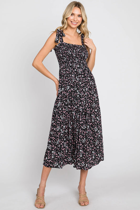 Black Micro Floral Smocked Dress PinkBlush