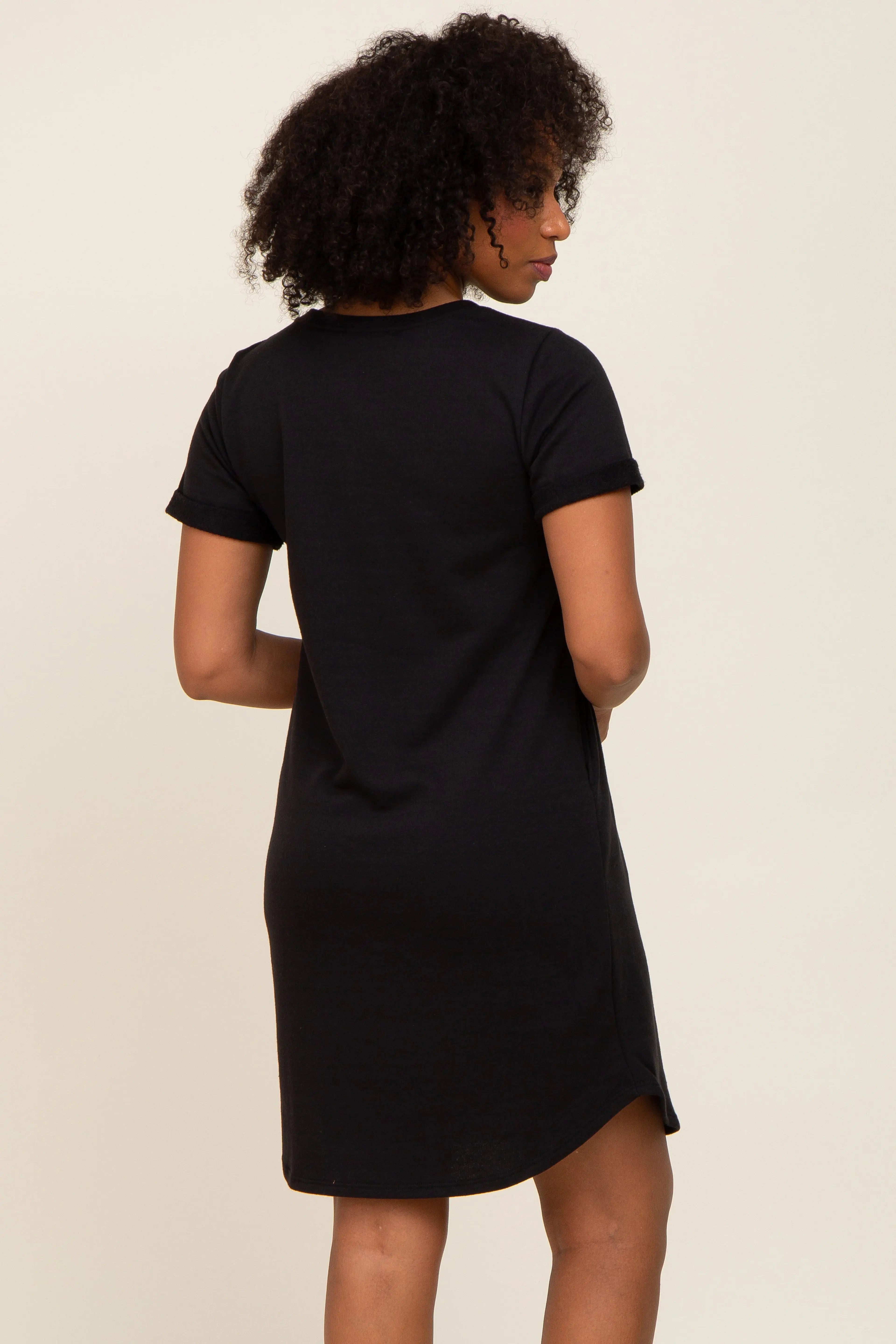 Black French Terry Cuffed Short Sleeve Dress PinkBlush