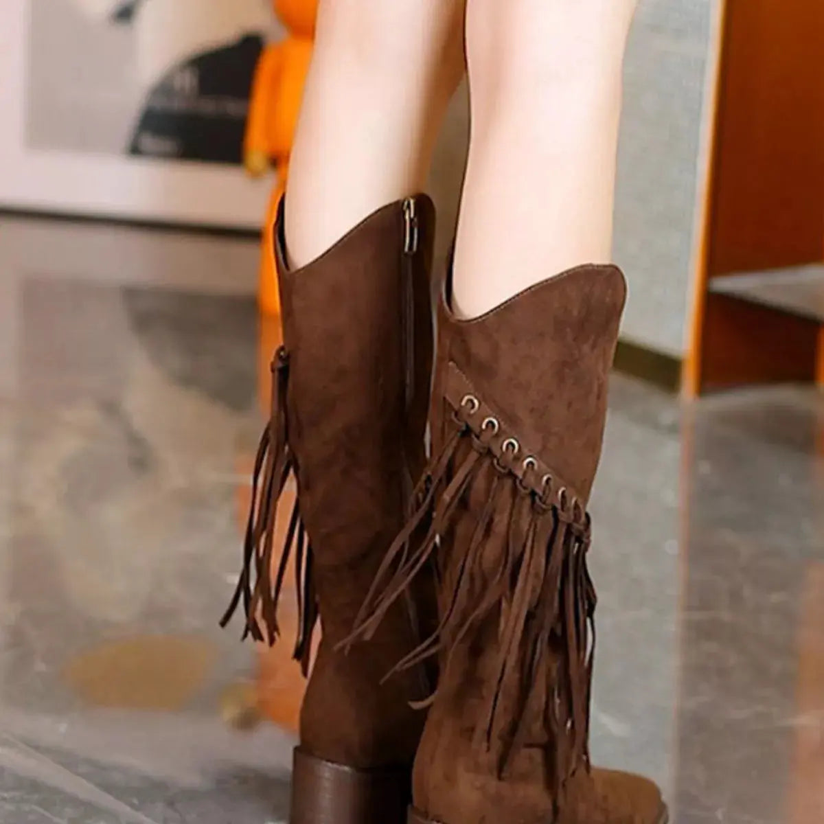 Fringed Point Toe Block Heel Boots Simply Love