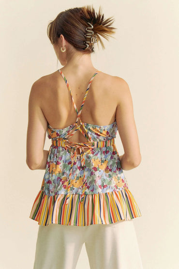 Davi & Dani Floral Smocked Sleeveless Ruffle Back Tie Top - Love Salve 