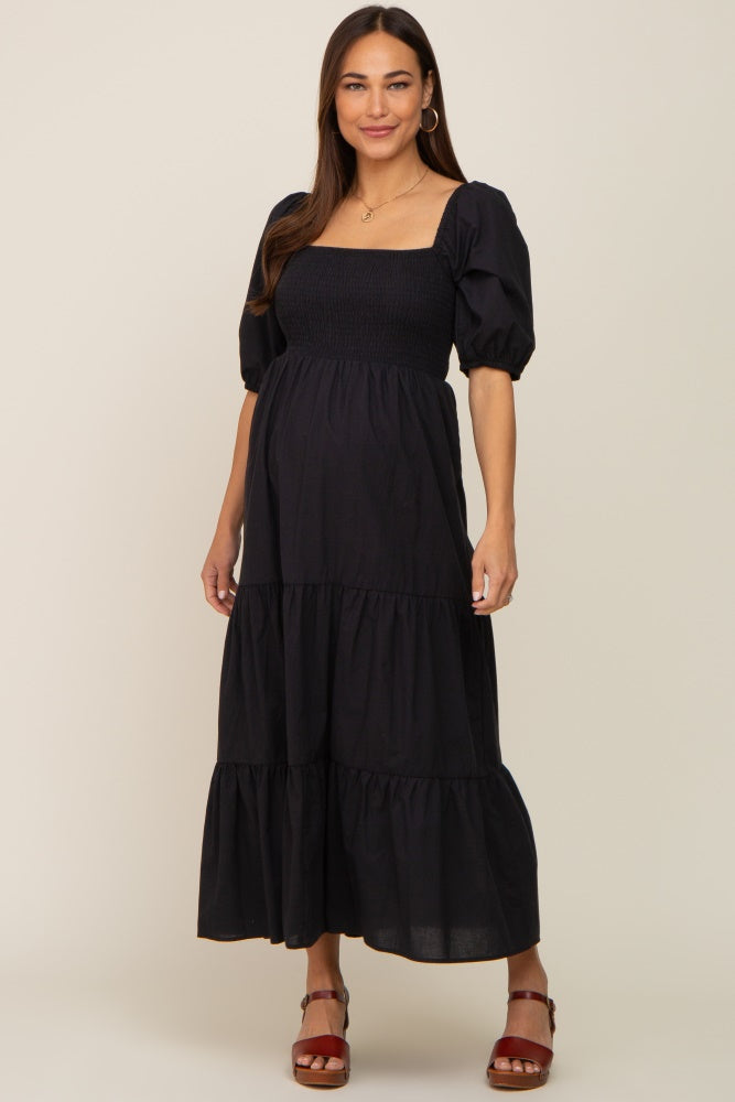Black Square Neck Smocked Tiered Maternity Maxi Dress PinkBlush