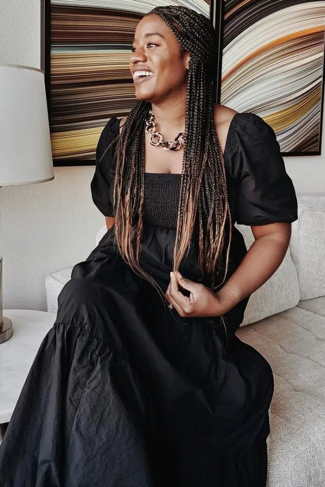 Black Square Neck Smocked Tiered Maxi Dress PinkBlush