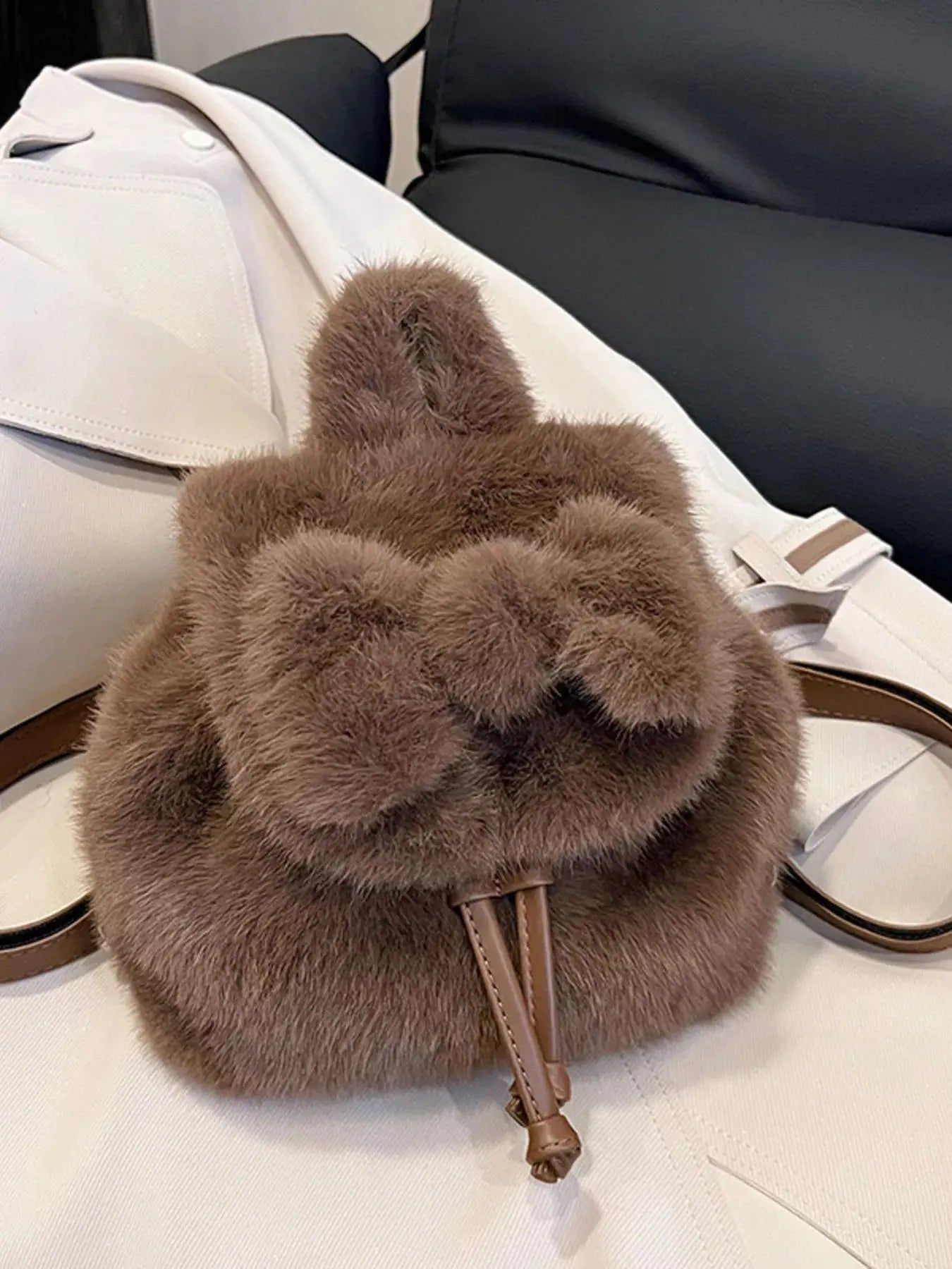 Fuzzy Plush Drawstring Backpack Bag Simply Love