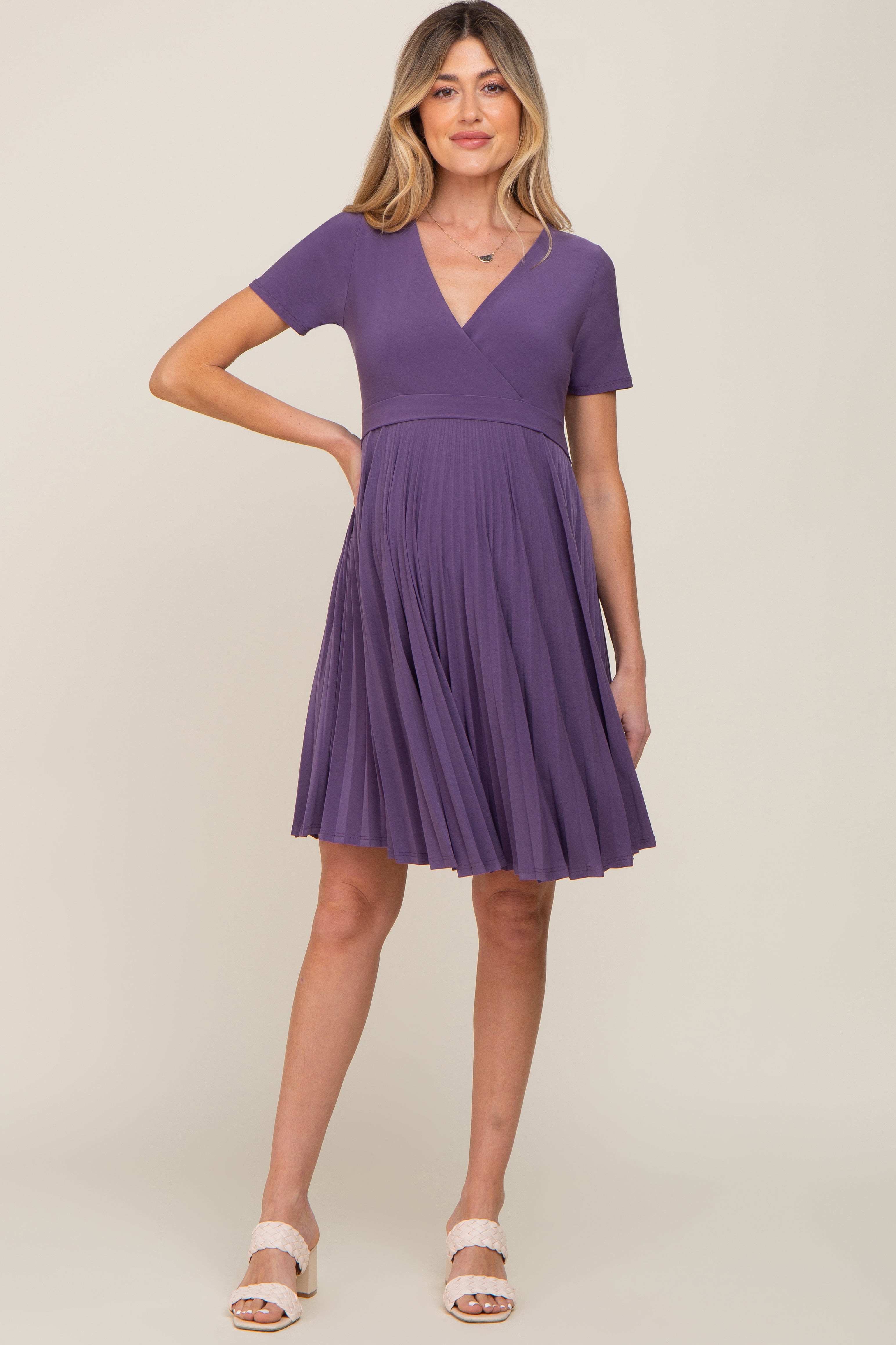 PinkBlush Plum Pleated Maternity/Nursing Dress - Close Up