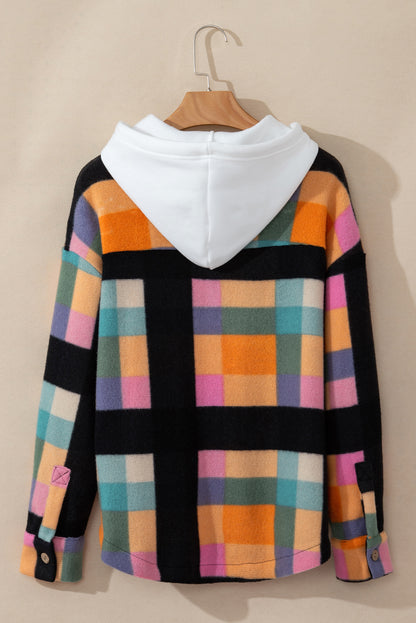 Colorful plaid buttoned hoodie with flap pockets