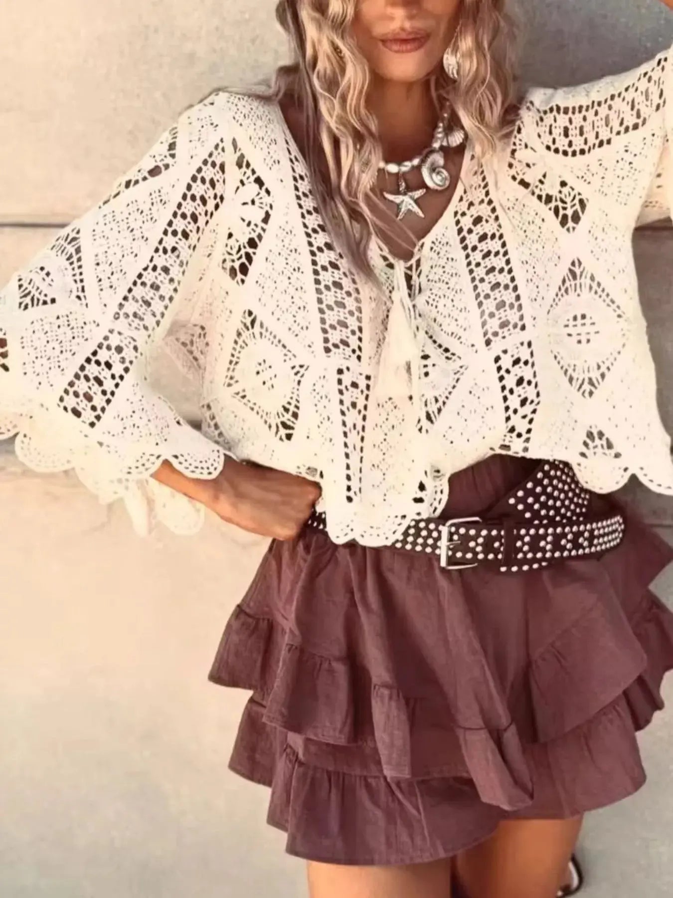Tassel V-Neck Crochet Knit Top Simply Love