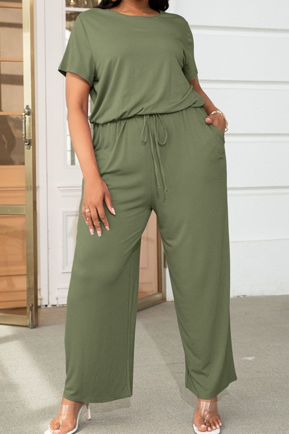 Plus Size Drawstring Waist Short Sleeve Jumpsuit.