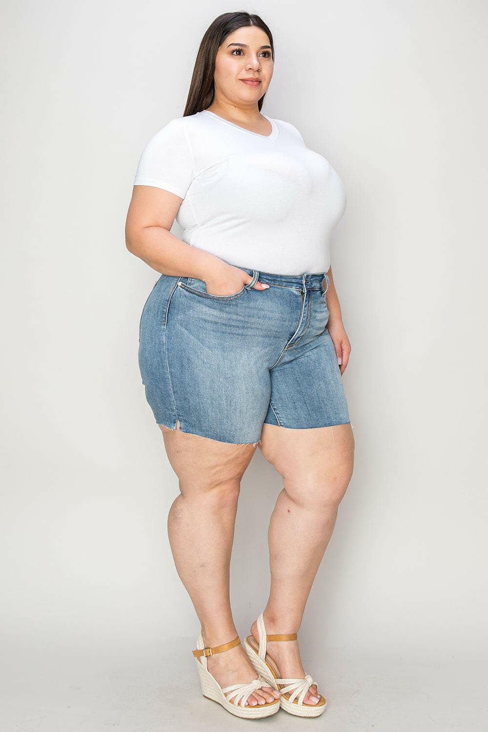 Judy Blue Full Size High Waist Raw Hem Denim Shorts.