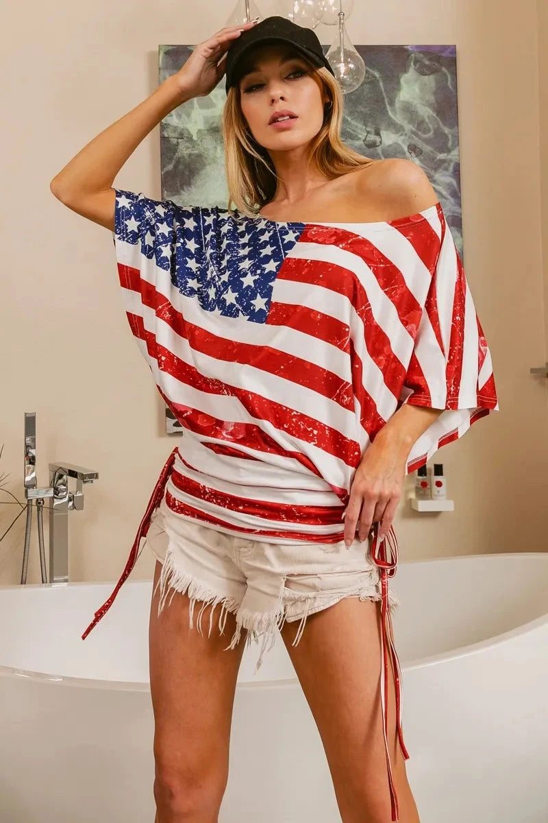 BiBi American Flag Printed Side Ruched Details Knit Top Coco’s Tee Boutique