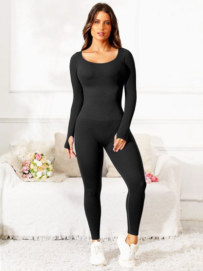 Scoop Neck Long Sleeve Active Jumpsuit.