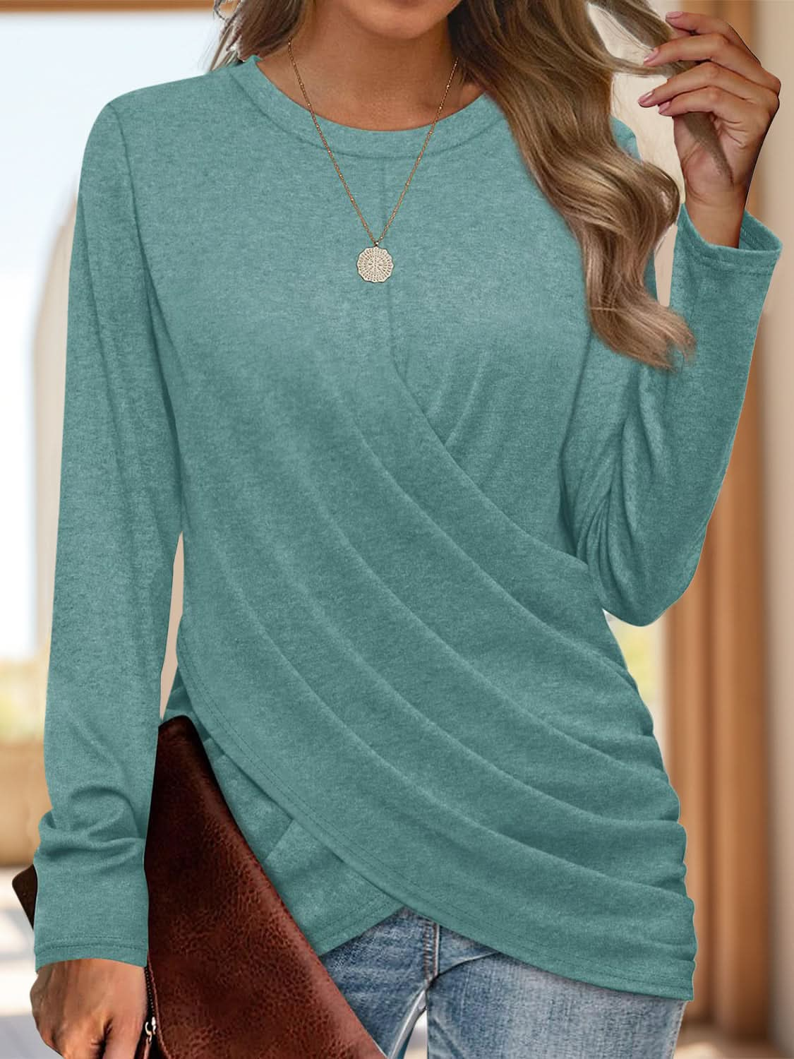 Ruched Round Neck Long Sleeve T-Shirt