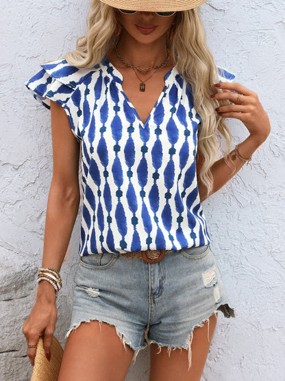 Ruffled Printed Notched Cap Sleeve Blouse.