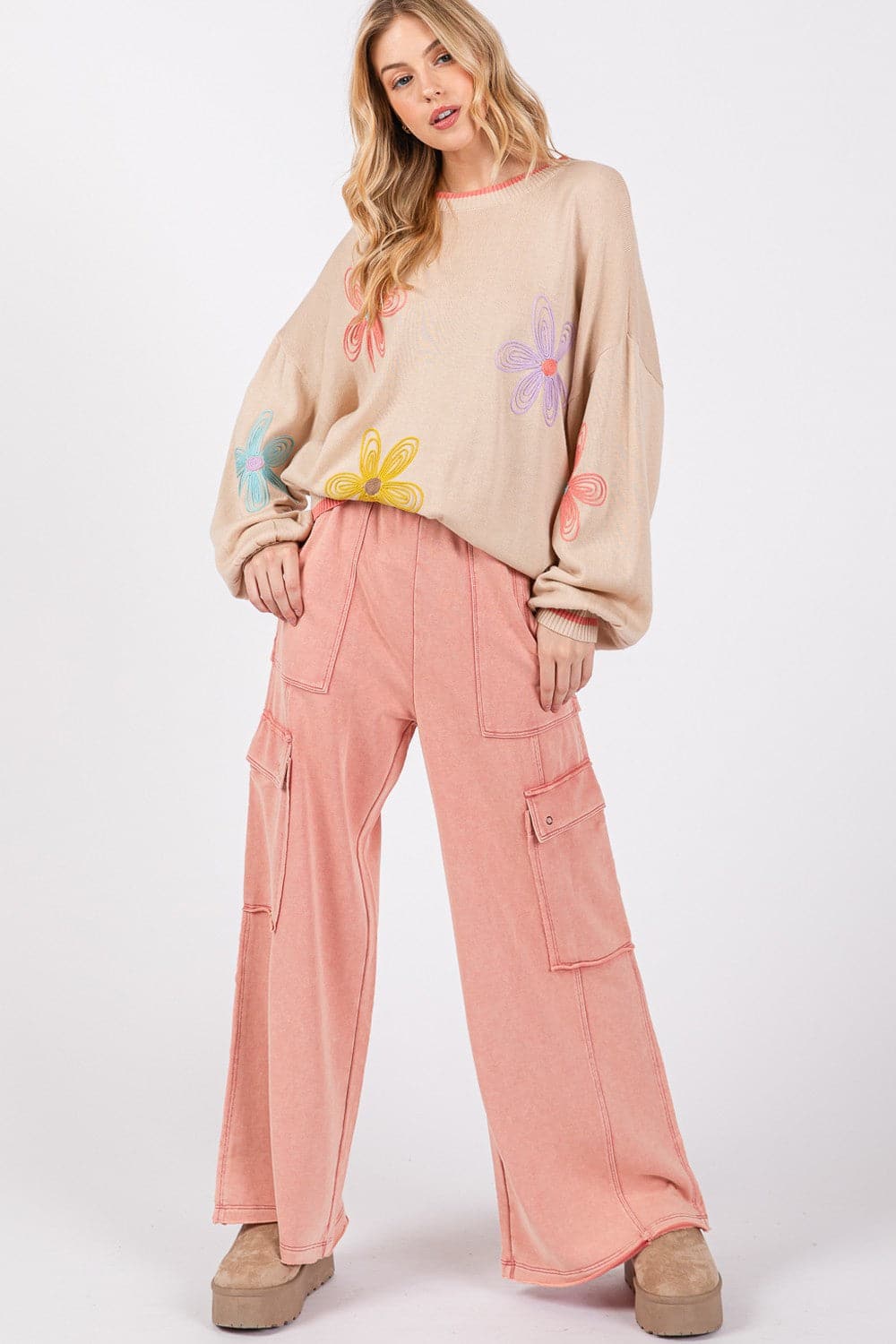 Cozy chic mineral wash wide leg knit terry pants