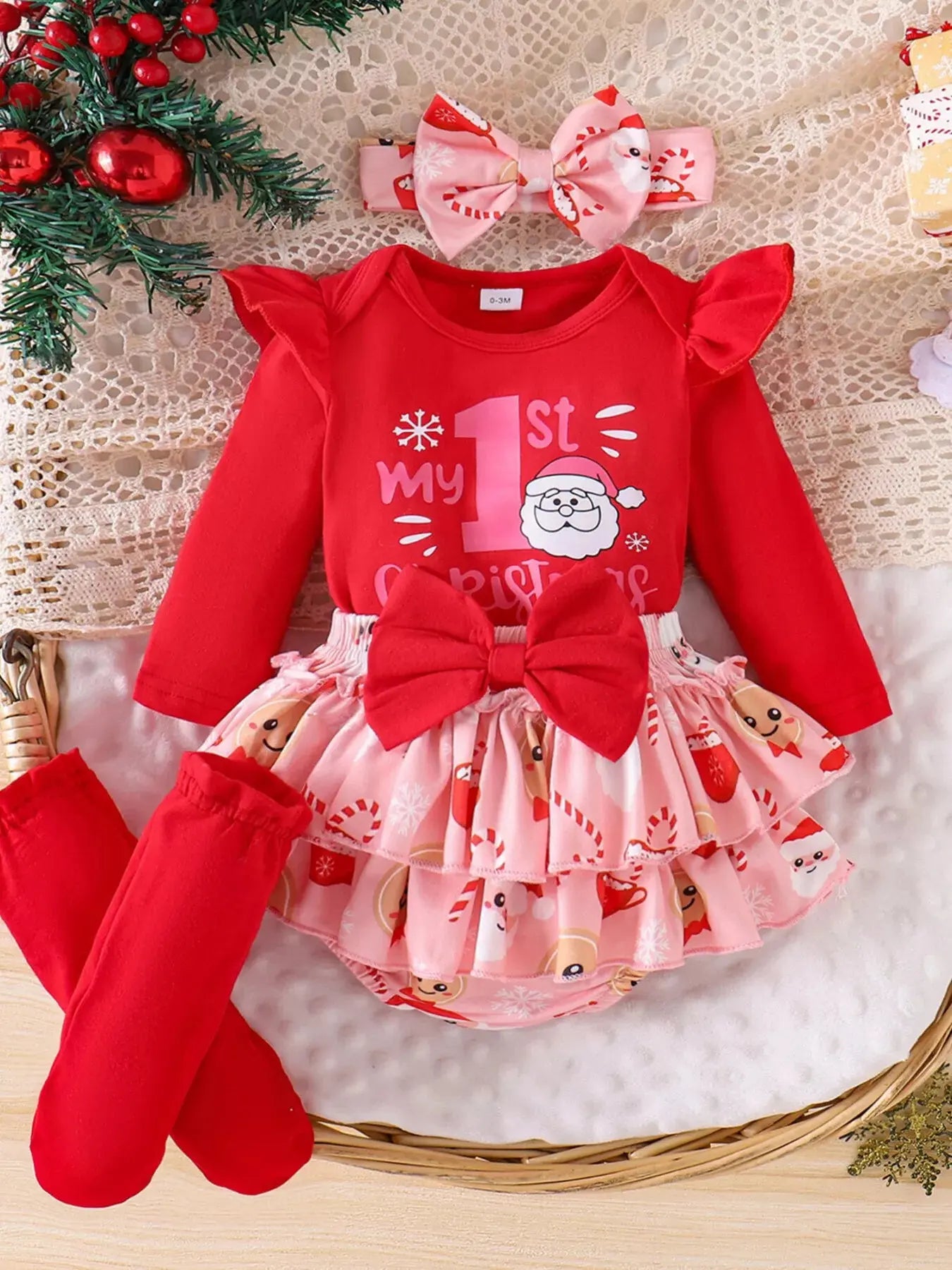 Children's Christmas Ruffled Long Sleeve Top and Skirt Set with Headband Simply Love