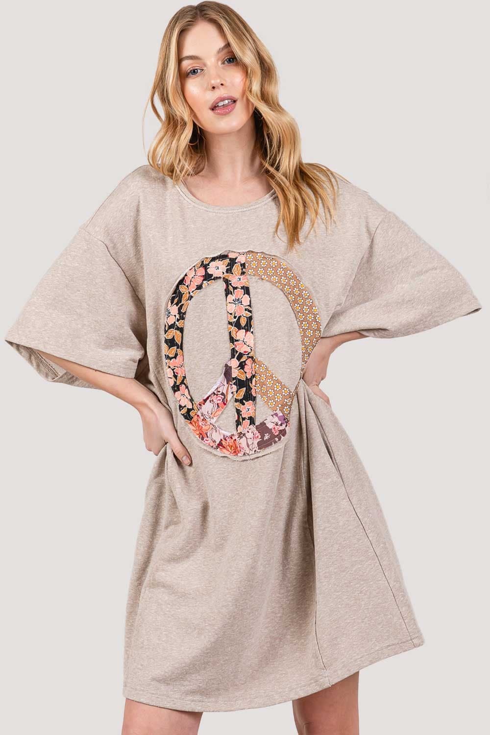 SAGE + FIG Full Size Peace Sign Applique Short Sleeve Tee Dress.