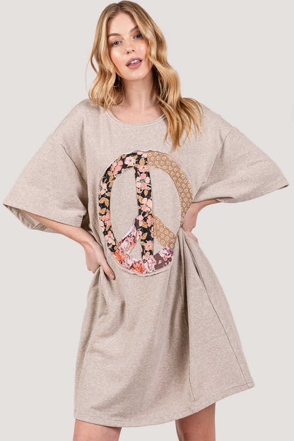 SAGE + FIG Full Size Peace Sign Applique Short Sleeve Tee Dress.