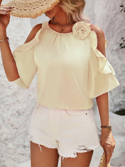 Ruffled Round Neck Half Sleeve Blouse.