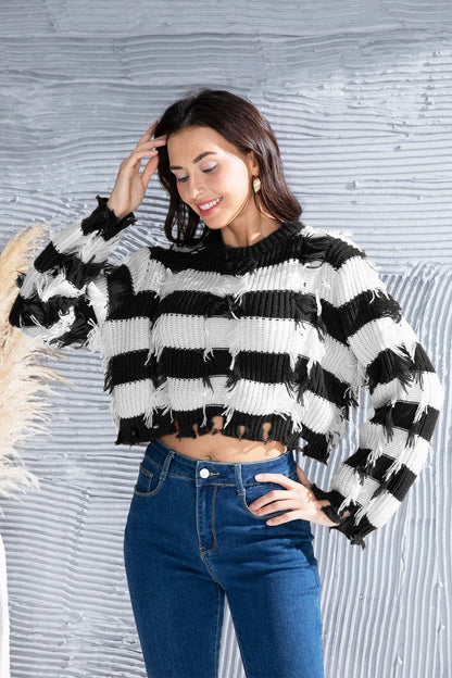 Striped Fringe Round Neck Sweater.