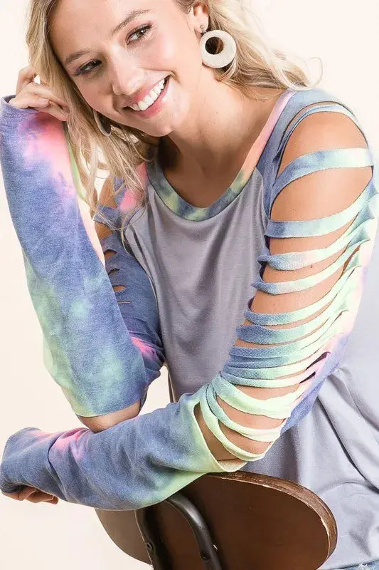 BiBi Jersey Knit Top with Tie Dye Laser Cut Sleeves - Love Salve 