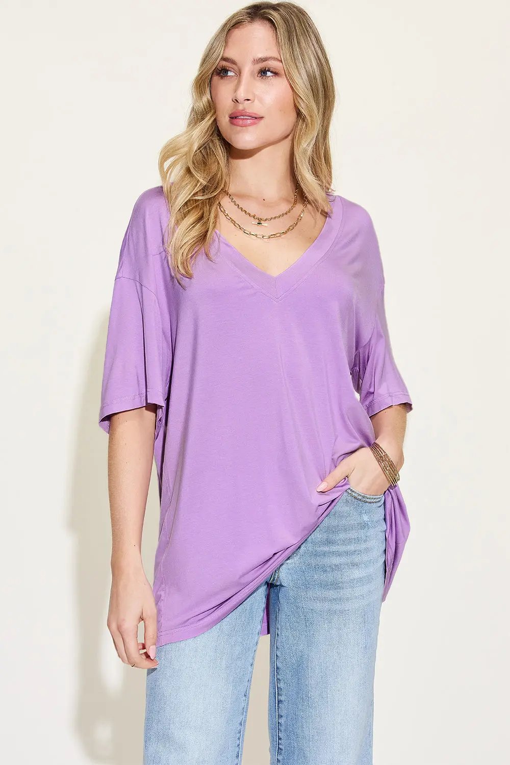 Basic Bae Full Size Bamboo V-Neck Drop Shoulder T-Shirt - Love Salve