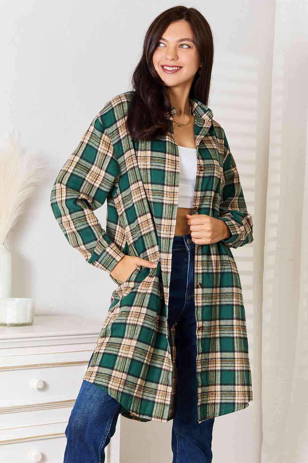 Double Take Plaid Collared Neck Long Sleeve Shirt - Love Salve