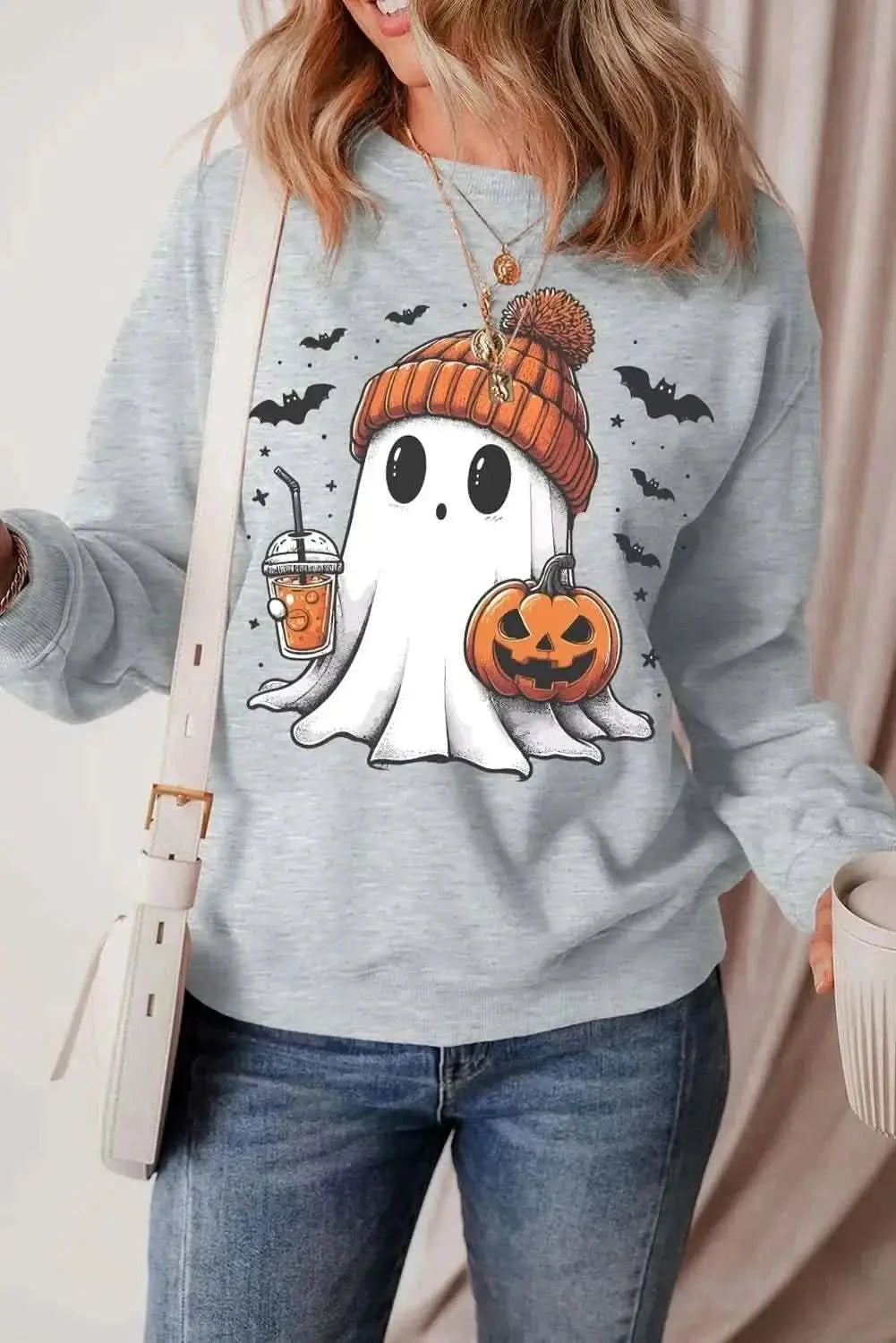 Ghost Round Neck Long Sleeve Sweatshirt - Love Salve 