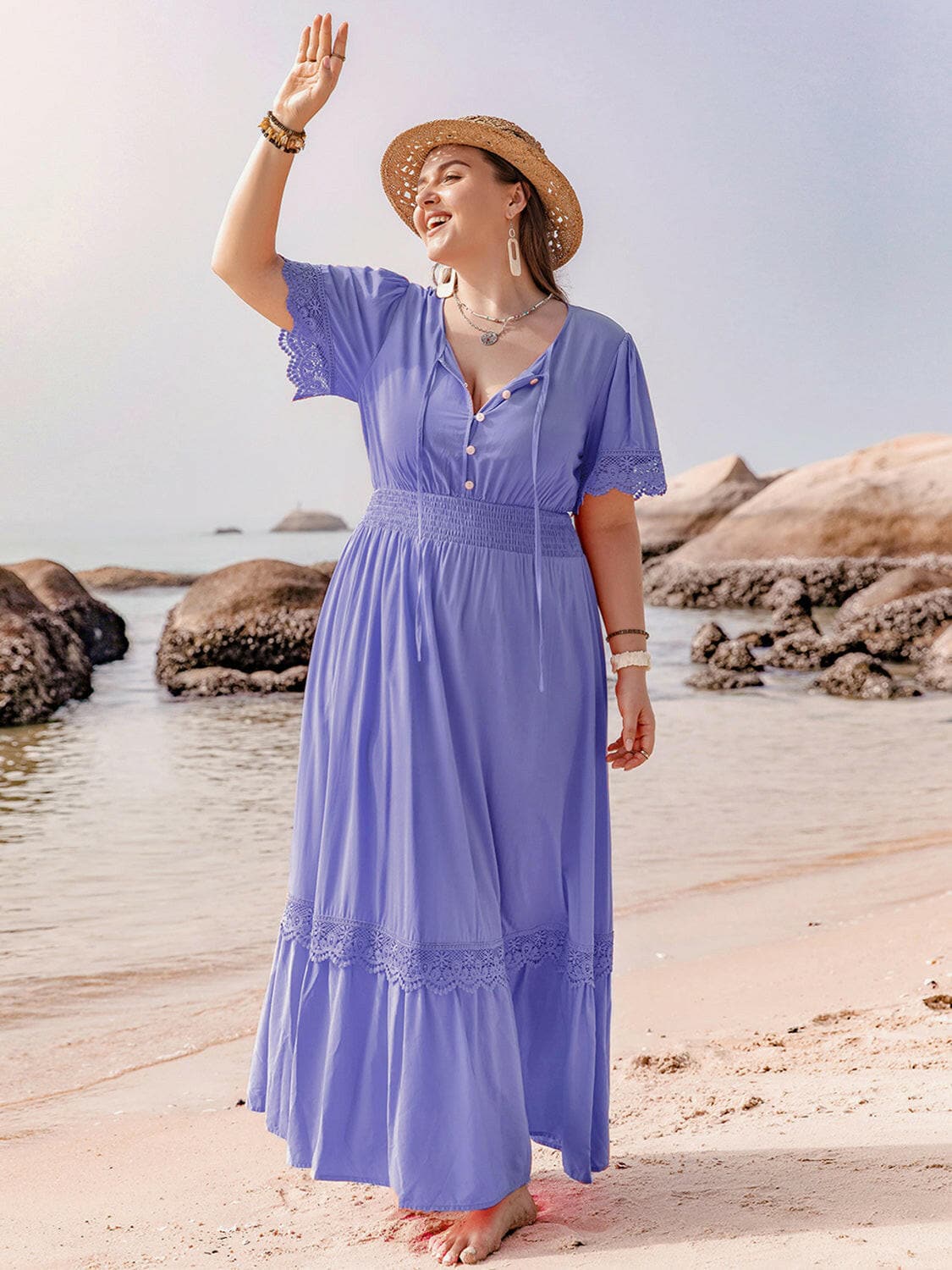 Plus Size Lace Detail Tie Neck Short Sleeve Maxi DressPlus Size Lace Detail Tie Neck Short Sleeve Maxi Dress
 Indulge in elegance with our Plus Size Lace Detail Tie Neck Short Sleeve Maxi Dress. Perfect for any special Love Salve Size Lace Detail Tie Neck Short Sleeve Maxi DressMaxi Dresses