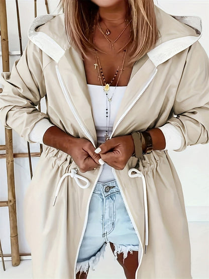 Drawstring Long Sleeve Hooded Trench Coat.