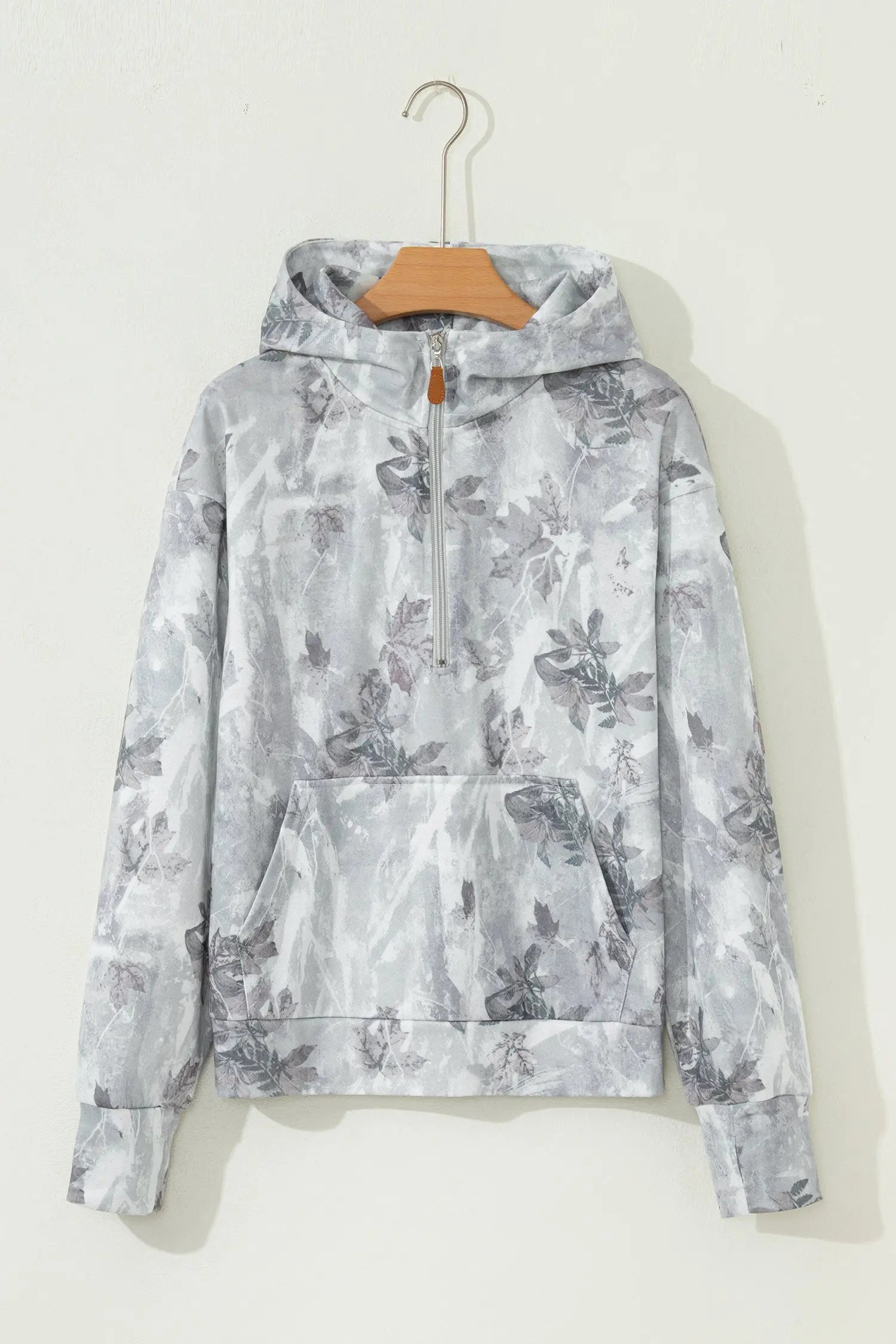 Gray Camo Leaf Print Kangaroo Pocket Quarter Zip Hoodie Dear-Lover Dropshipping