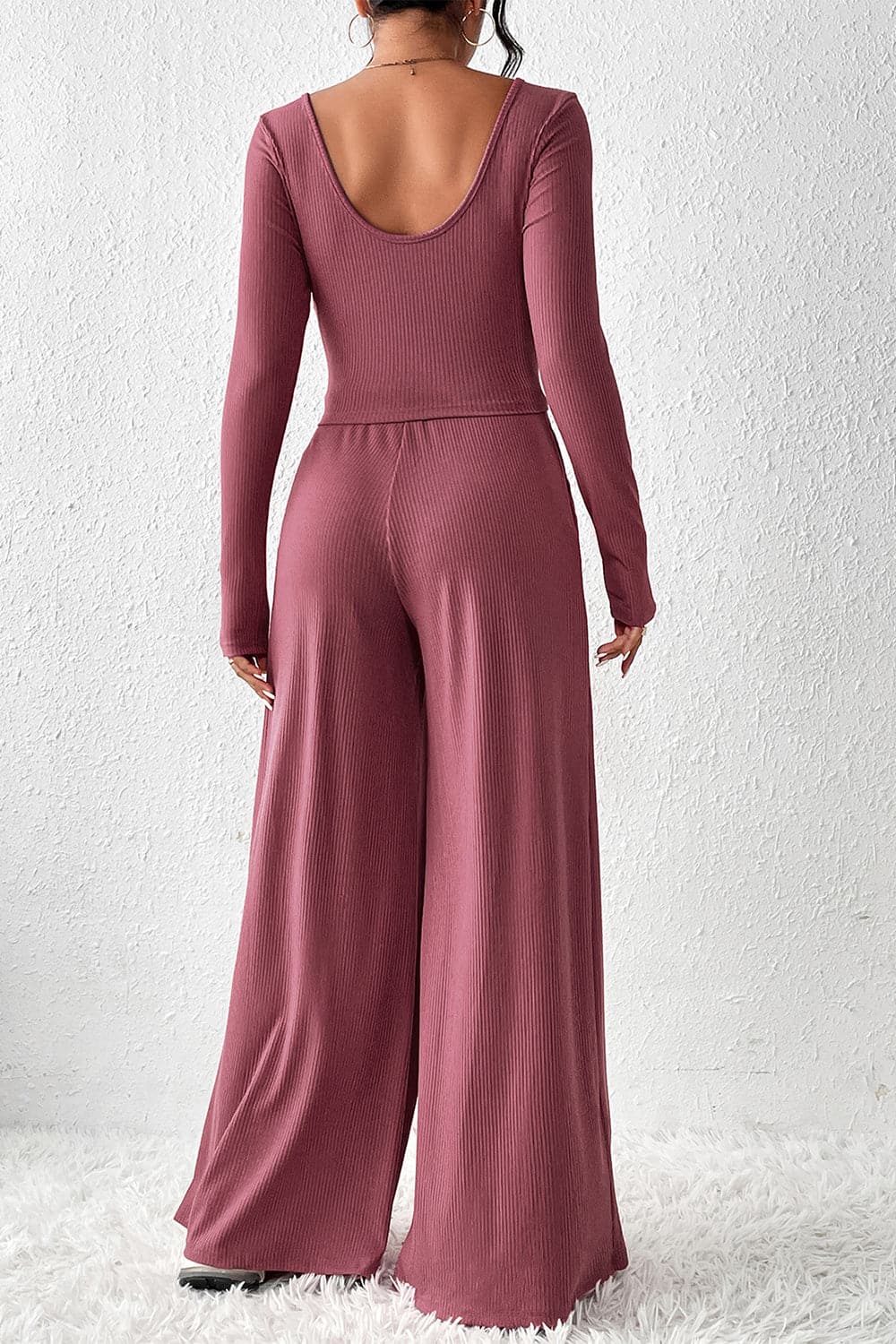 Ribbed Round Neck Top and Wide-Leg Pants Set.