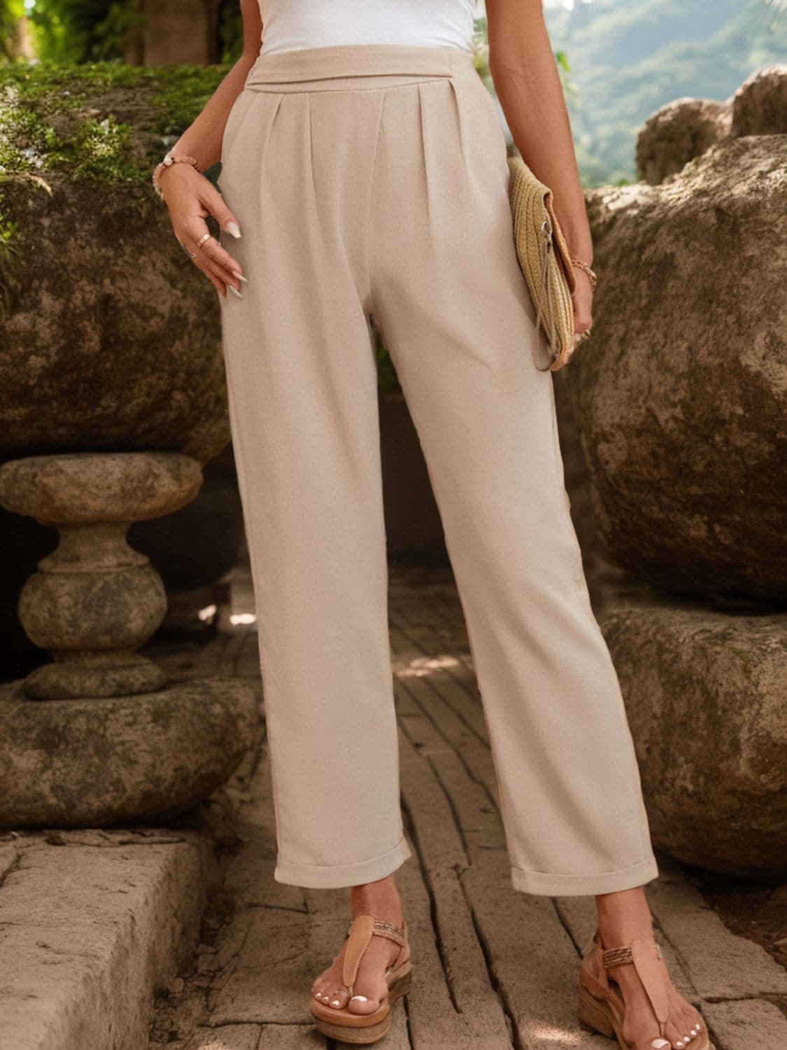 Ruched Half Elastic Waist Pants.