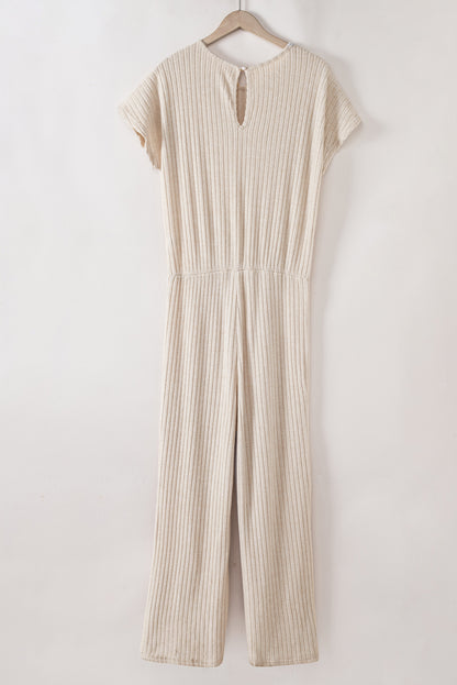 Parchment Solid Color Ribbed Short Sleeve Wide Leg Jumpsuit