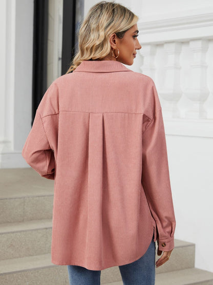 Chic Buttoned Long Sleeve Jacket with Dropped Shoulders