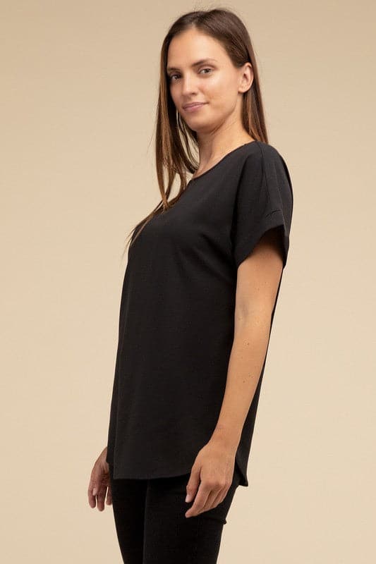 Woven Heavy Dobby Rolled Sleeve Boat Neck Top.