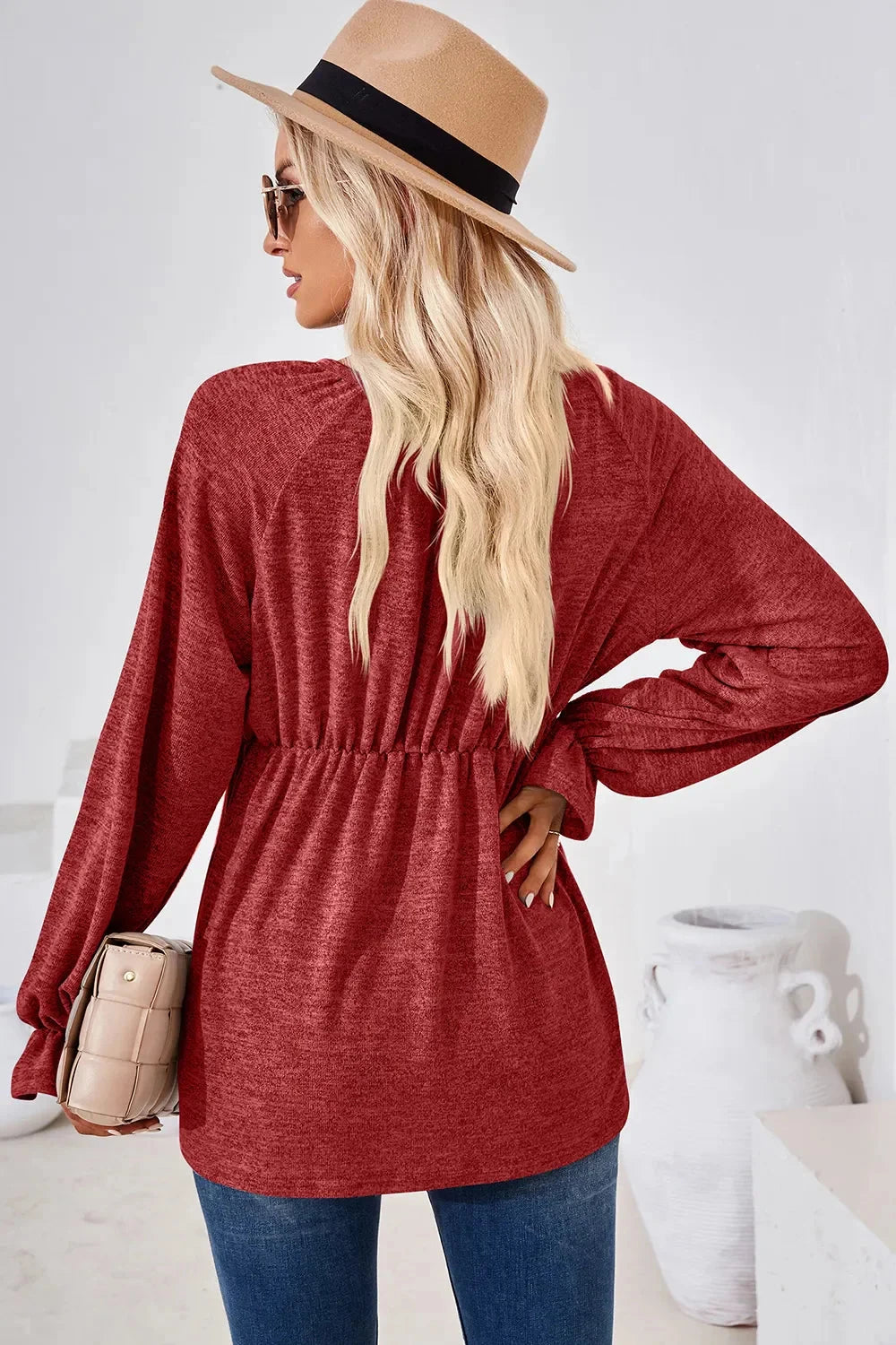 Ruched Round Neck Flounce Sleeve Blouse Coco’s Tee Boutique