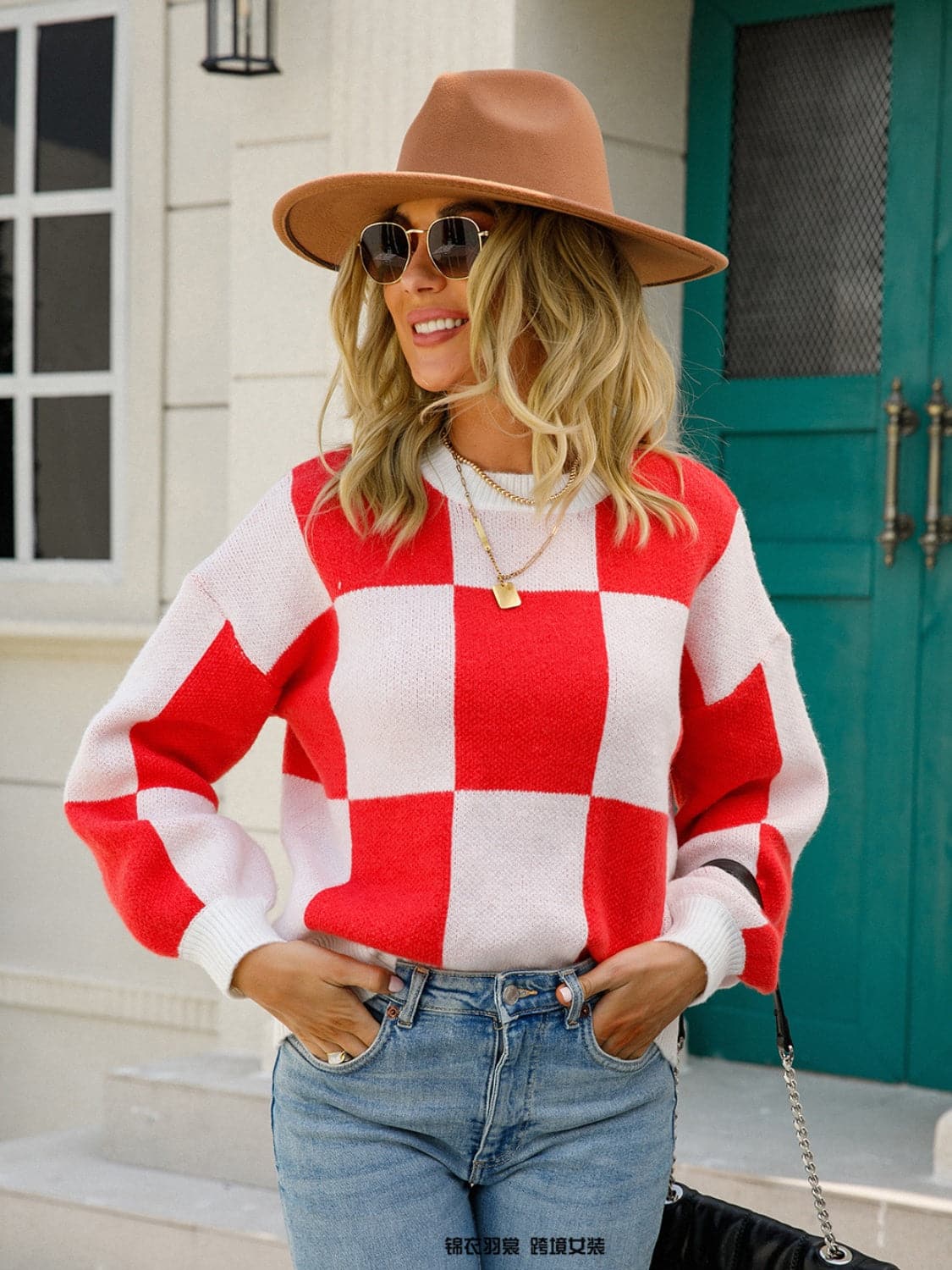 Checkered Round Neck Dropped Shoulder Sweater.