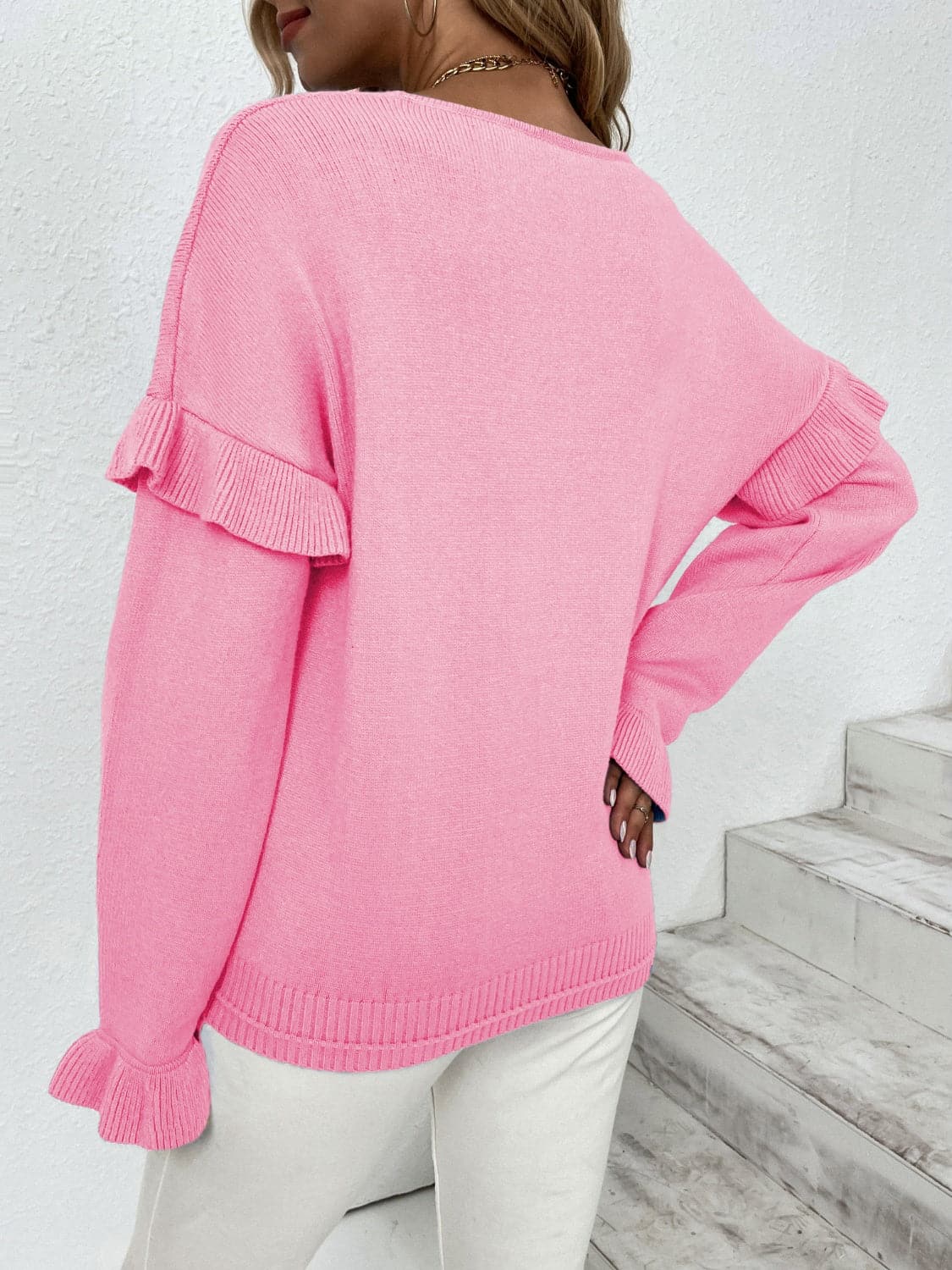 Ruffled V-Neck Dropped Shoulder Sweater.