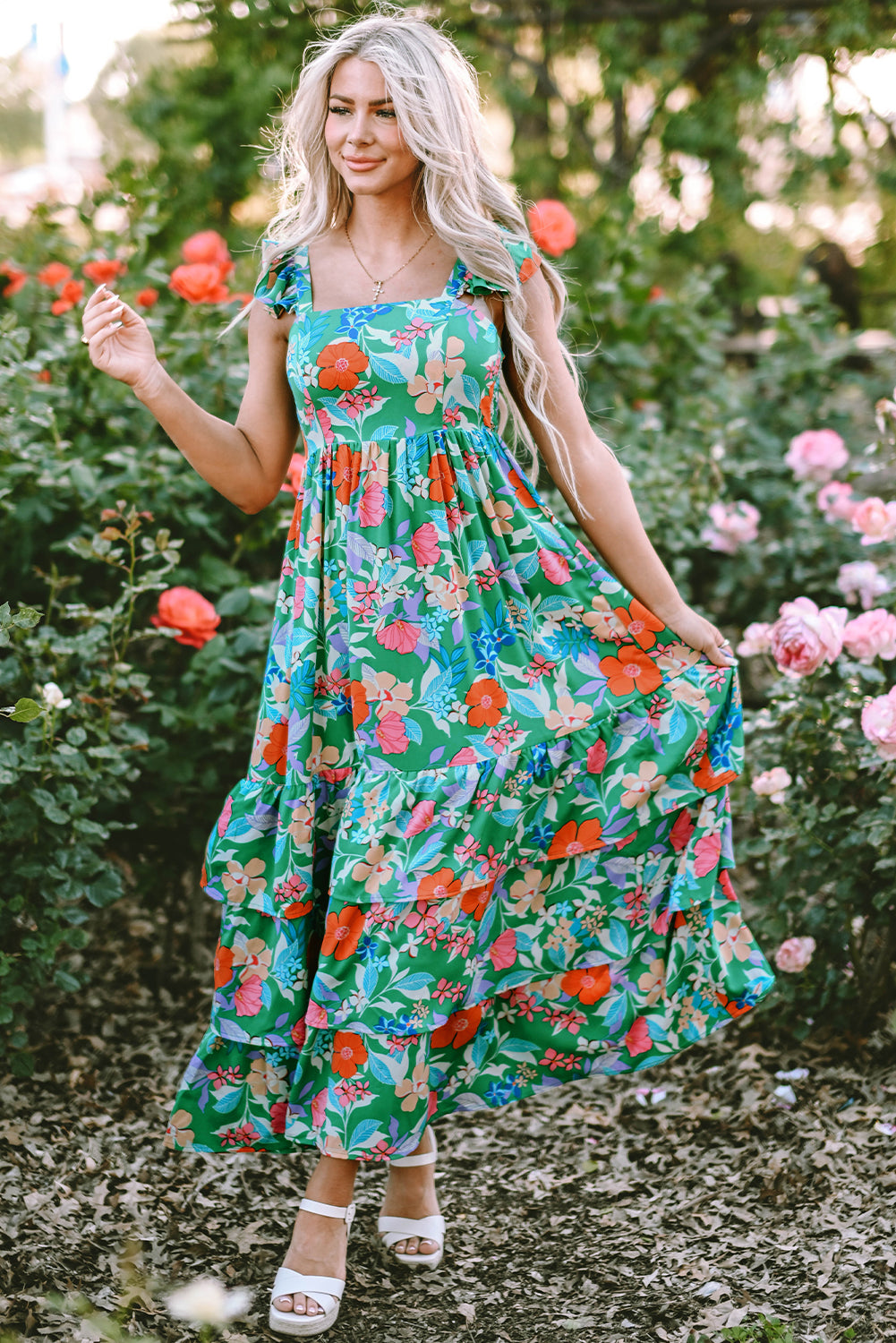 Green Floral Print Sleeveless Ruffle Tiered Maxi Dress Delight