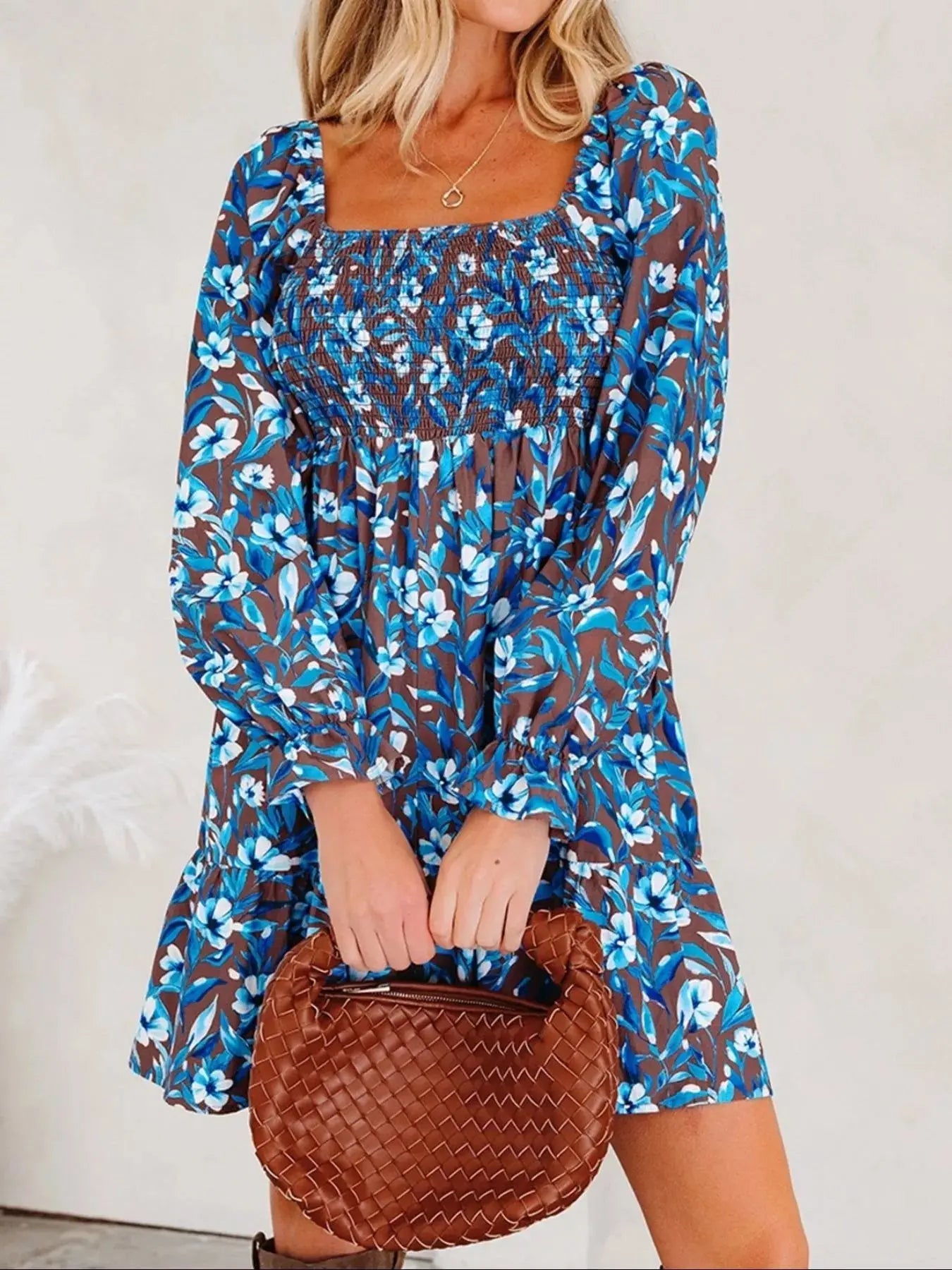 Smocked Bodice High Waist Ruffled Sleeve Floral Dress Simply Love