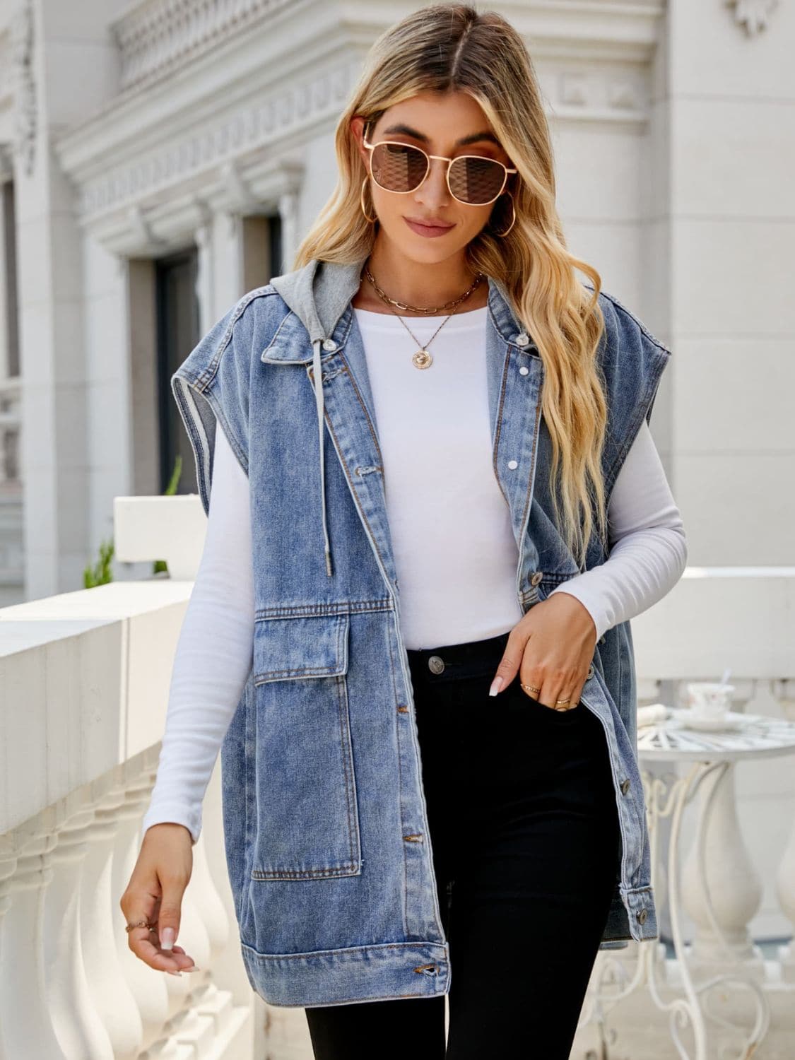 Hooded Sleeveless Denim Top with Pockets.