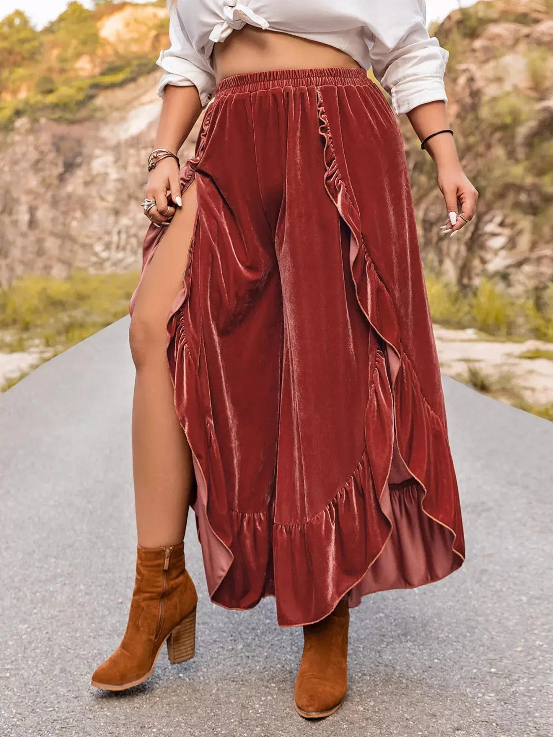 Plus Size Velvet Ruffle Hem Wide Leg Pants Simply Love