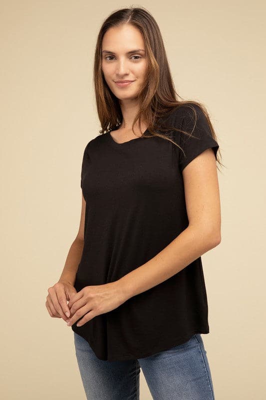 Flowy Round Hem Rayon Short Sleeve Top.