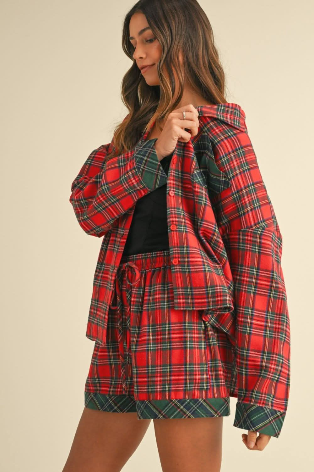 Plaid Charm Long Sleeve Top and Shorts Co-ord Set