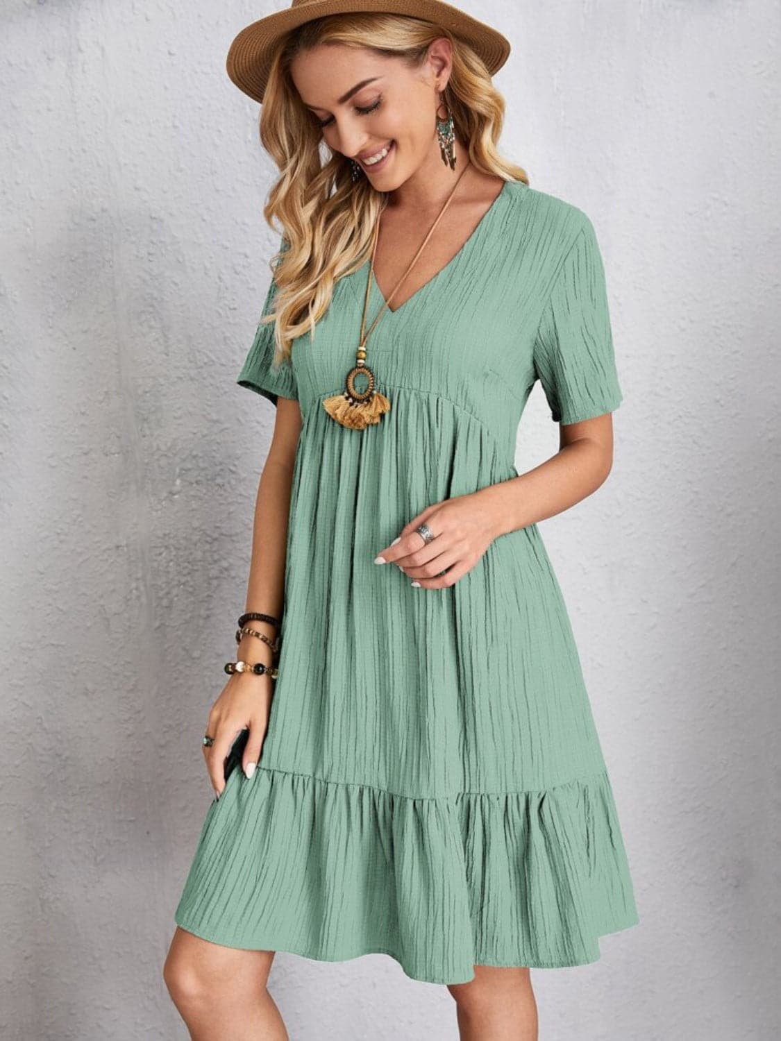 Full Size V-Neck Short Sleeve Dress.