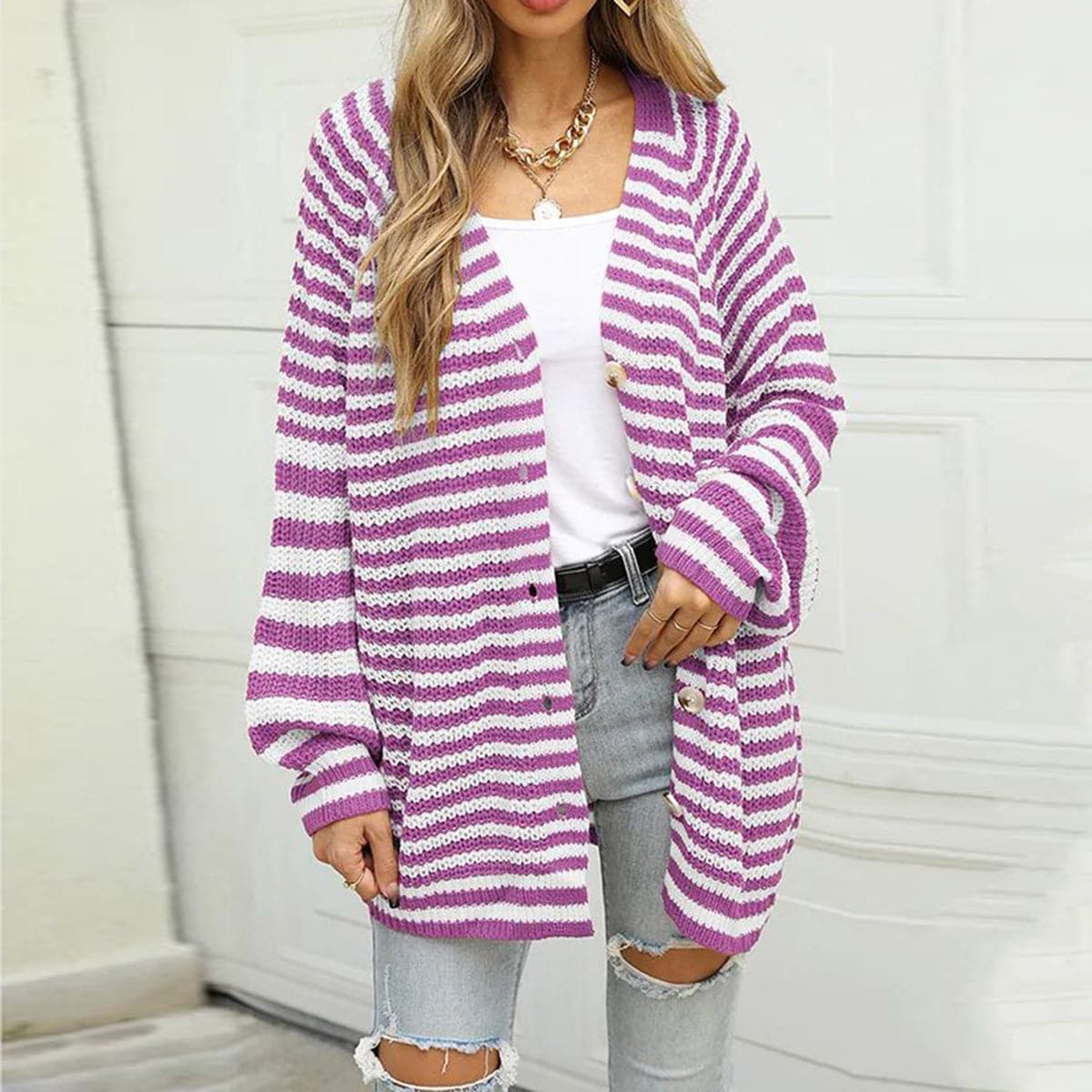 Striped Button Down Long Sleeve Cardigan.